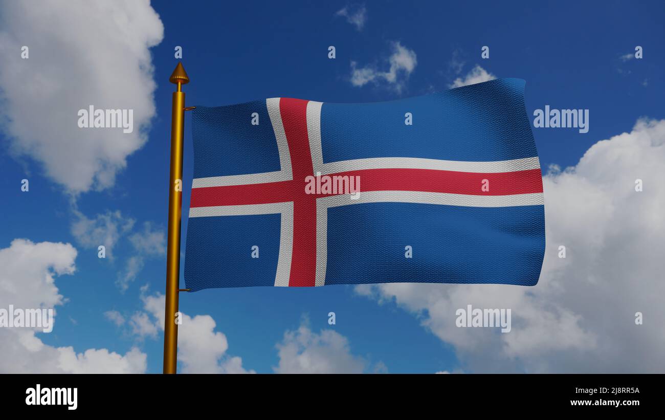 Drapeau national de l'Islande agitant 3D Render avec mât et ciel bleu, islenski faninn ou drapeau national des Islandais, textile drapeau islandais Banque D'Images