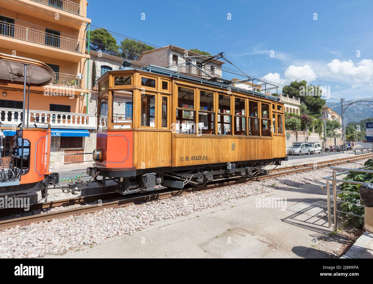 Tramway d'époque sur Poligon des Traves, promenade en Méditerranée à Port de Soller dans les montagnes de Serra de Trumantana, patrimoine mondial de l'UNESCO Banque D'Images