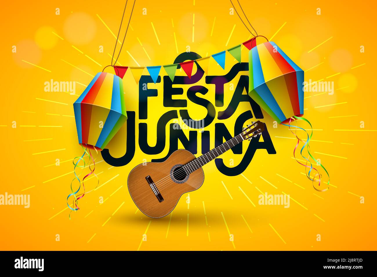 Festa Junina Illustration avec guitare acoustique, drapeaux de fête et lanterne en papier sur fond jaune. Vector Brésil juin Festival de Sao Joao Design pour Illustration de Vecteur