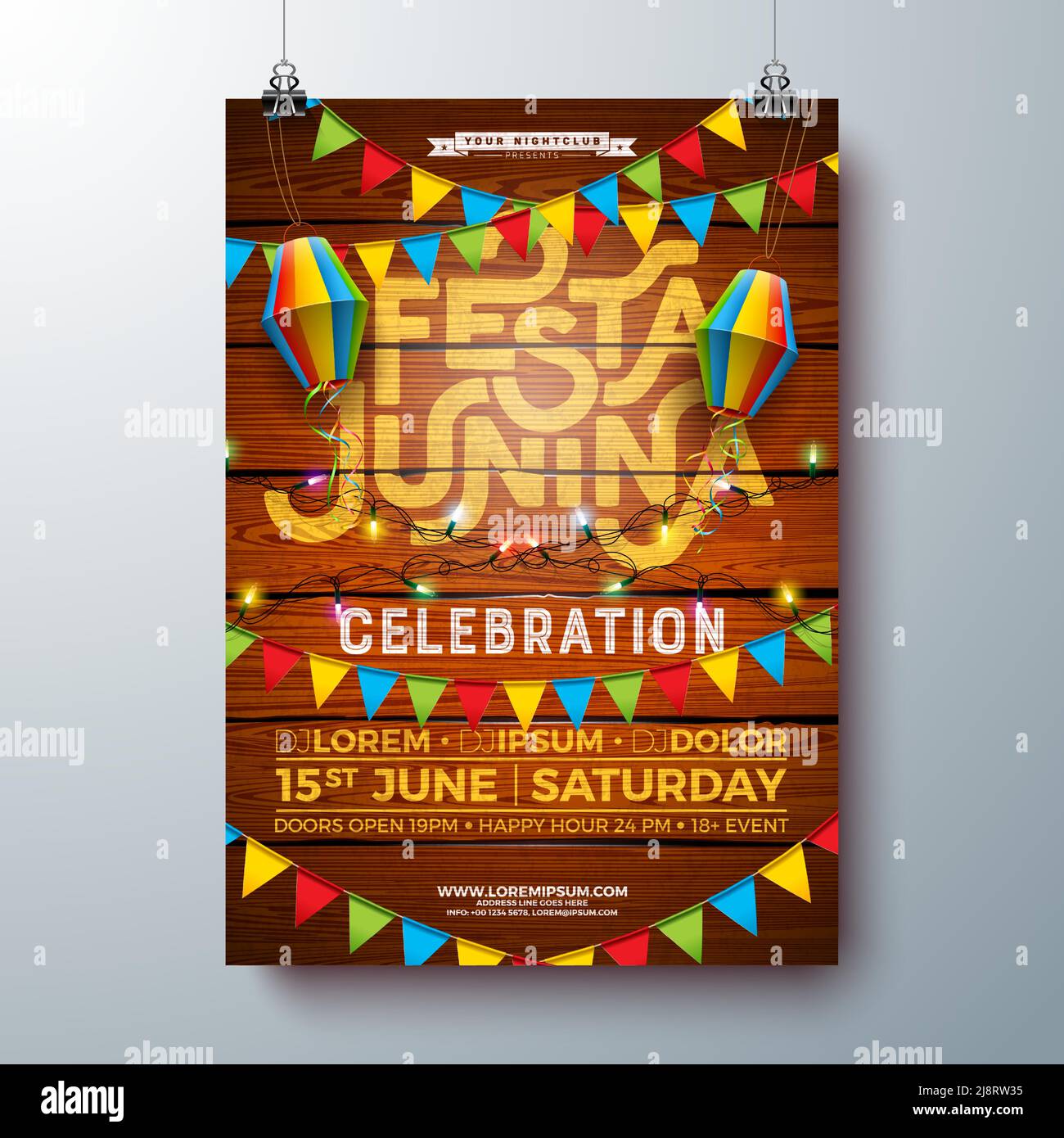 Festa Junina Party Flyer Design avec drapeaux, lanterne en papier et typographie lettrage sur fond de bois d'époque. Vector Traditional Brésil Sao Joao juin Illustration de Vecteur