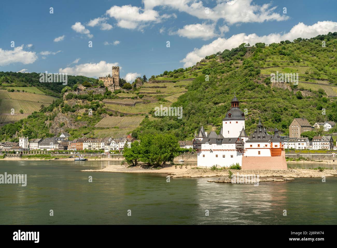 Burg Pfalzgrafenstein auf einer Insel im Rhein und Burg Gutenfels, Welterbe Oberes Mittelrheintal, Kaub, Rheinland-Pfalz, Deutschland | Pfalzgrafe Banque D'Images