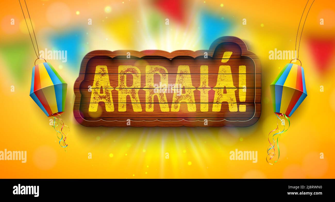 Festa Junina Illustration avec Portugal Arraia lettrage sur panneau de bois d'époque sur fond jaune. Vector Brésil juin Sao Joao Festival Design avec Illustration de Vecteur