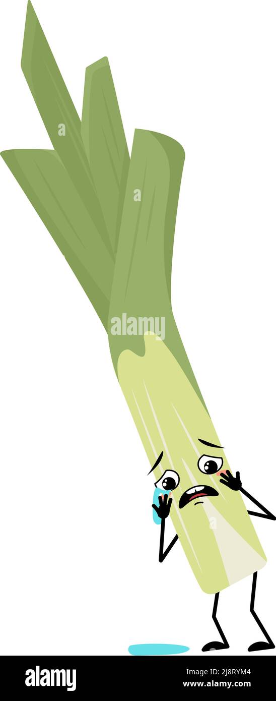 Joli leek vert avec pleurs et larmes, émotion, visage triste, yeux dépressifs, bras et jambes. Légumes sains avec expression et posture mélancolie, riches en vitamines. Illustration vectorielle plate Illustration de Vecteur