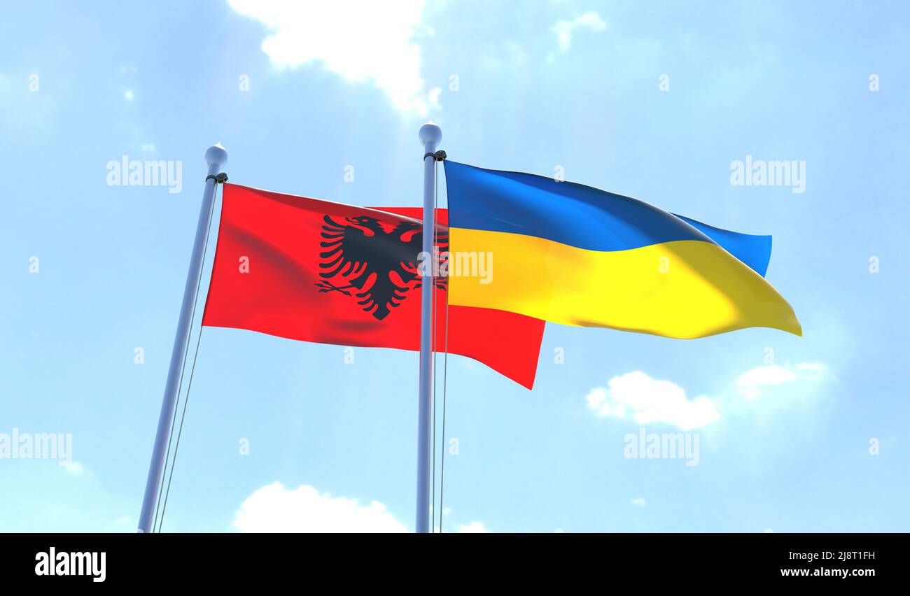 Ukraine et Albanie, deux drapeaux agitant contre le ciel bleu. 3d image Banque D'Images