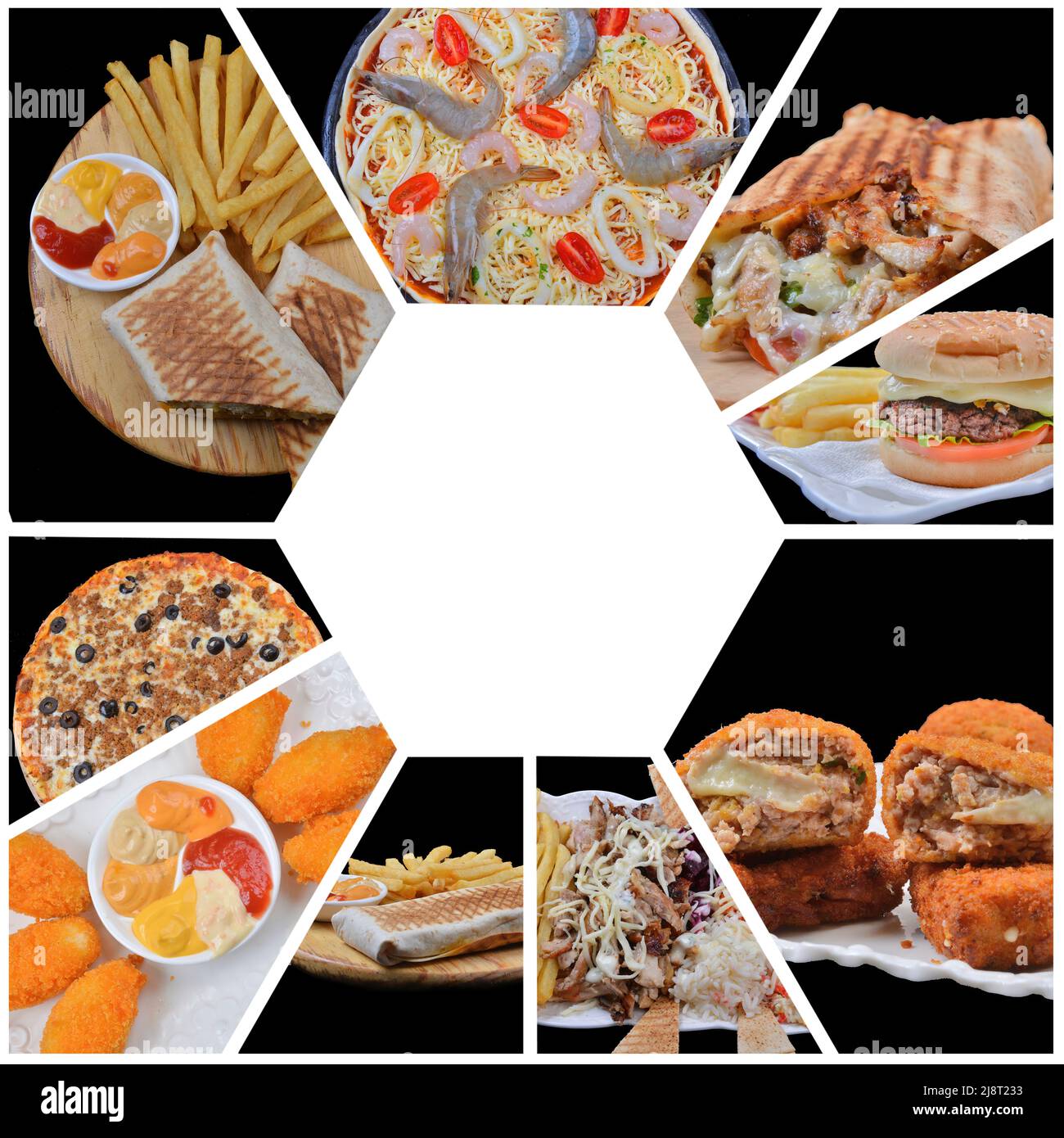 collage de divers produits de restauration rapide et boissons Banque D'Images