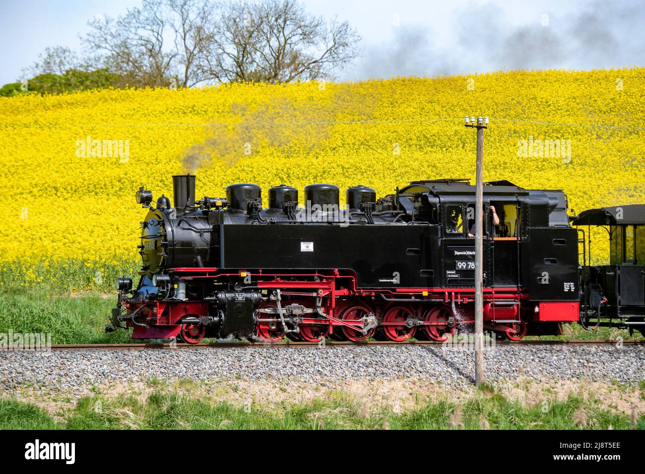 18 mai 2022, Mecklembourg-Poméranie occidentale, Binz : le Rasende Roland traverse l'île de Rügen. Le chemin de fer à voie étroite sur la plus grande île d'Allemagne est en cours de route entre les stations de Putbus, Binz, Sellin, Baabe et Göhren depuis 1895. Pour seulement 9 euros dans le mois pays largement bus et route dans le trafic local de PNV - qui doit devenir possible à partir de juin sur pendant trois mois. Sur Internet, une promenade sur le Rasenden Roland sur Rügen est déjà annoncé comme l'une des meilleures attractions en Allemagne pour les détenteurs du billet de 9 euros. Un billet mensuel pour le Rasenden Roland Banque D'Images