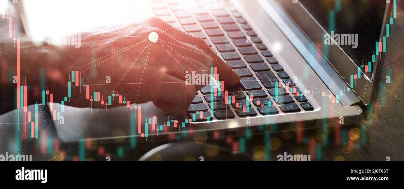 commerce sur ordinateur portable. web finance technologie concept de bannière d'affaires. médias mixtes Banque D'Images