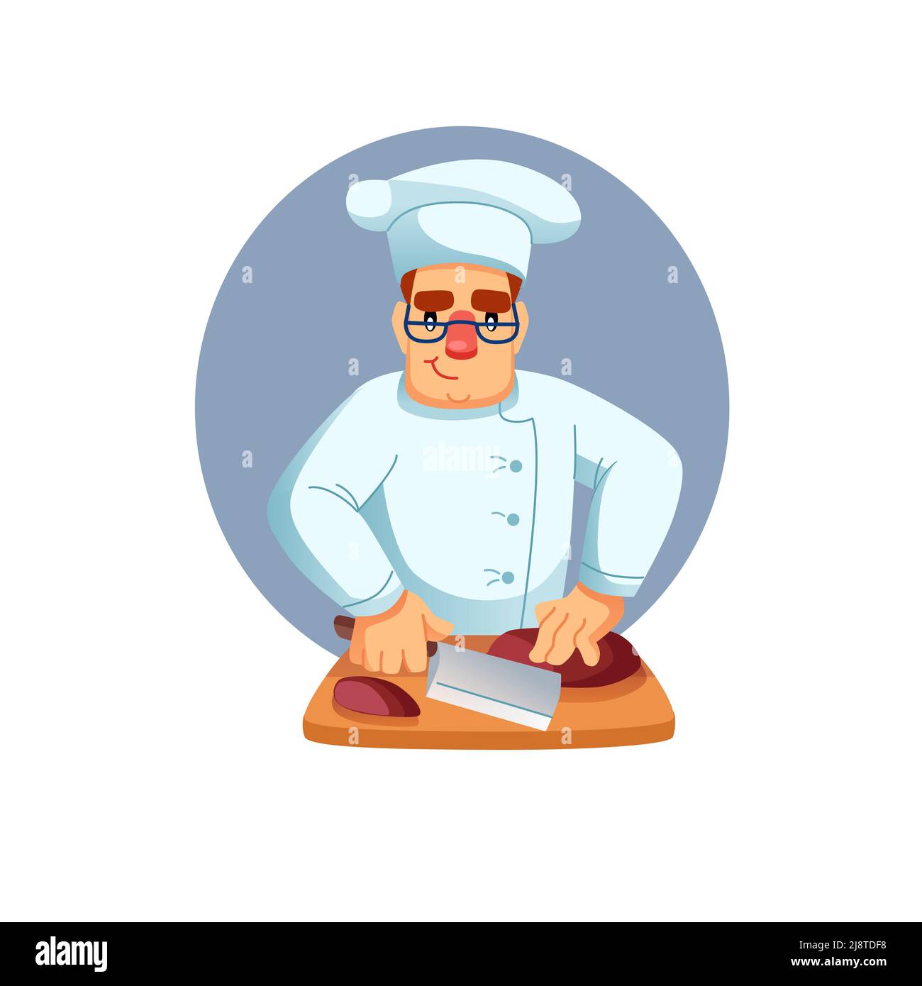 Flat caricature homme personnage chef cuisinier cuisine repas, couper de la  viande, professionnel de la cuisine flux de travail vecteur illustration  concept Image Vectorielle Stock - Alamy