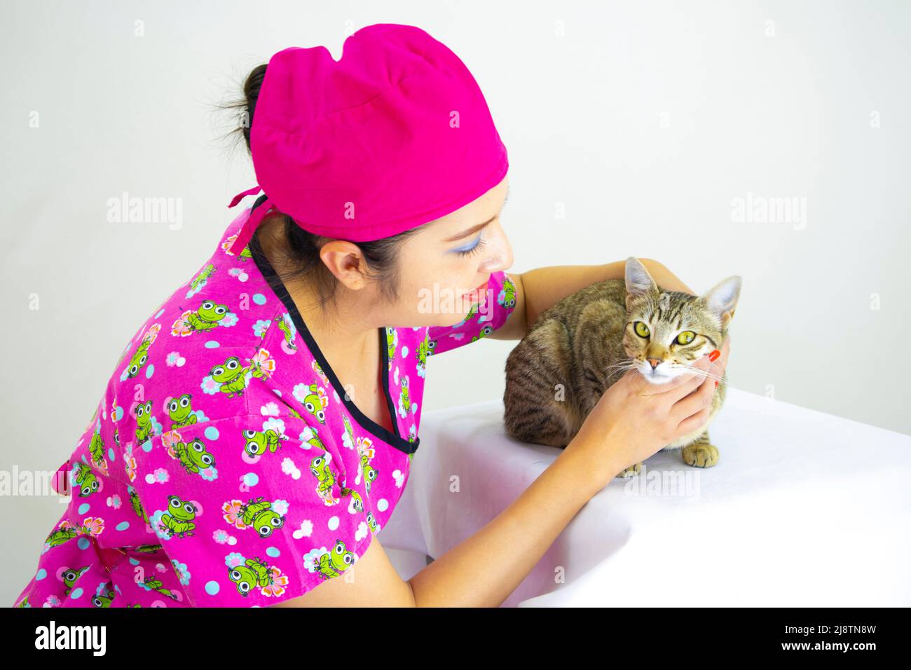 belle femme vétérinaire médecin portant l'uniforme rose et le capuchon