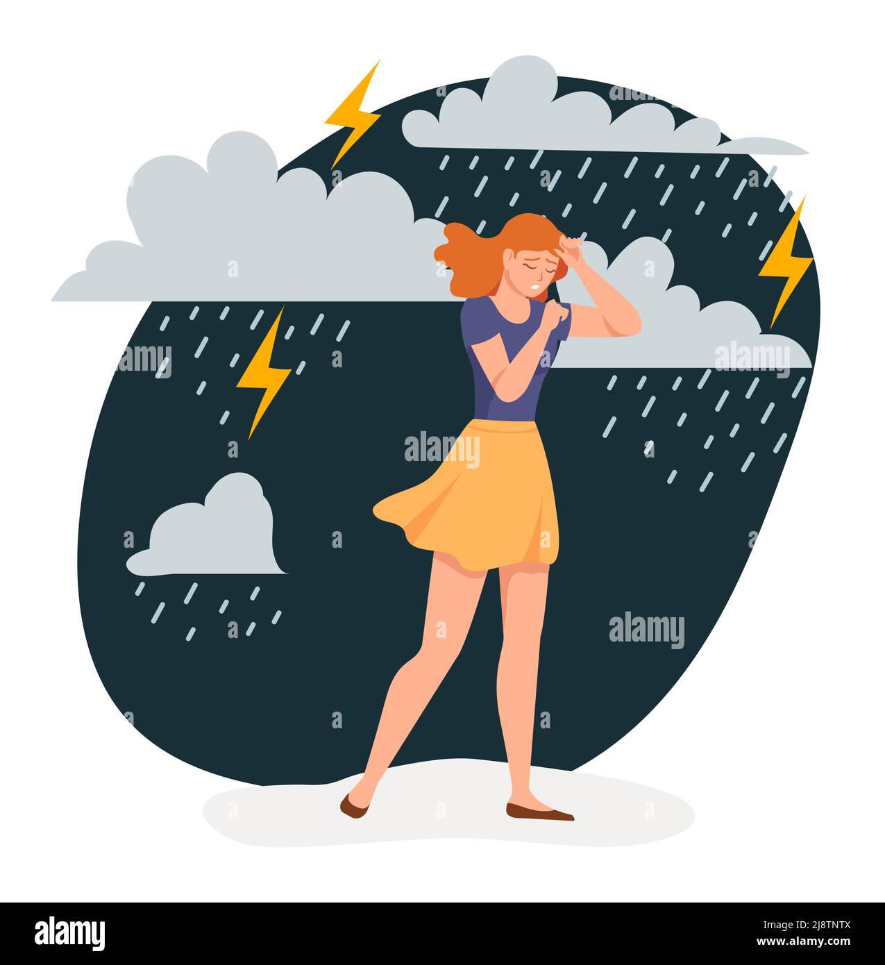 Femme dépressive. Triste fille solitaire marchant sous la pluie orageux avec des nuages et de la foudre. Femme caractère sentiment d'anxiété Illustration de Vecteur