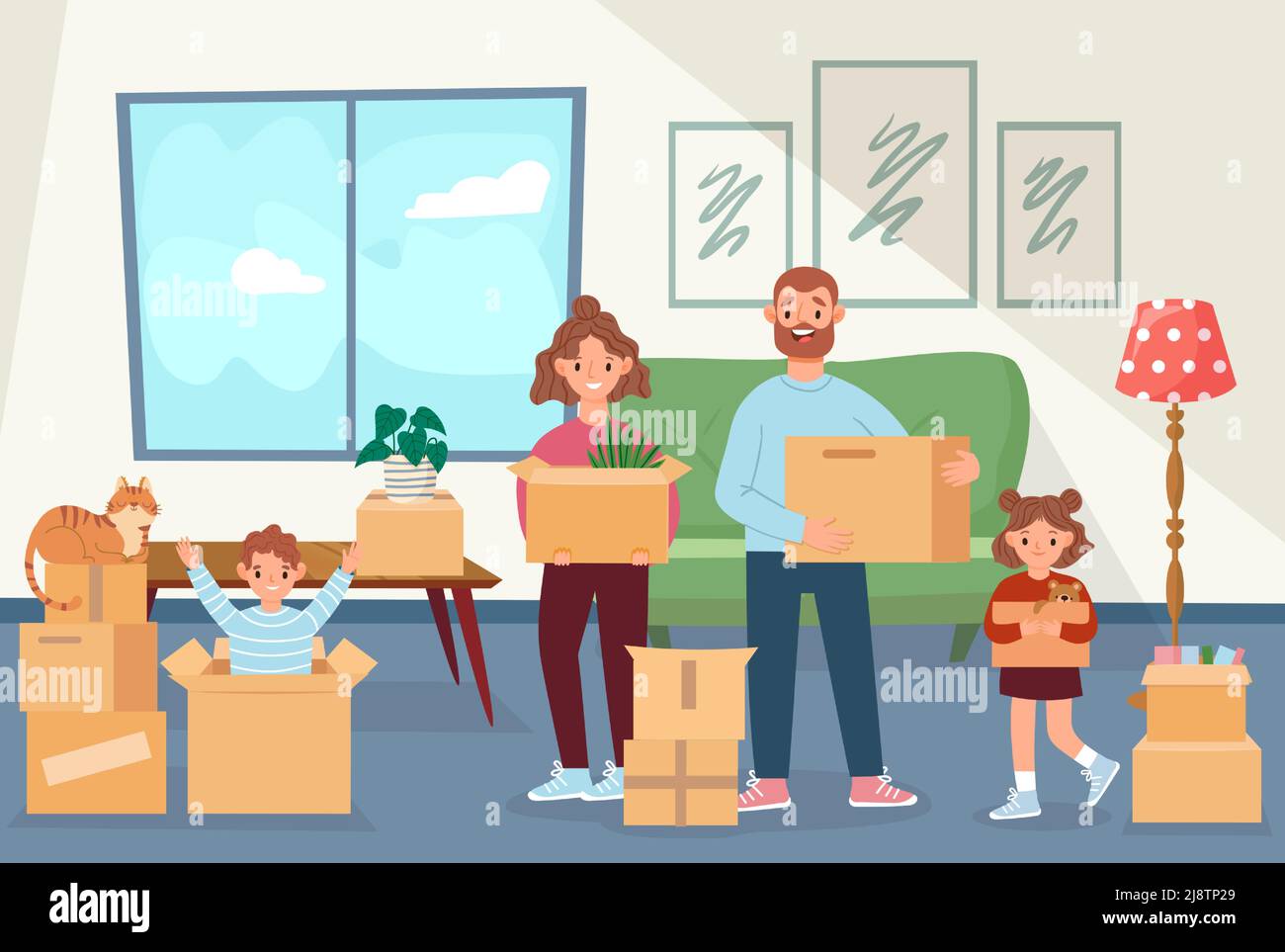 La famille se déplace vers une nouvelle maison. Parents et enfants heureux tenant des boîtes avec des articles ménagers. La mère, le père, les enfants et le chat déménagent Illustration de Vecteur