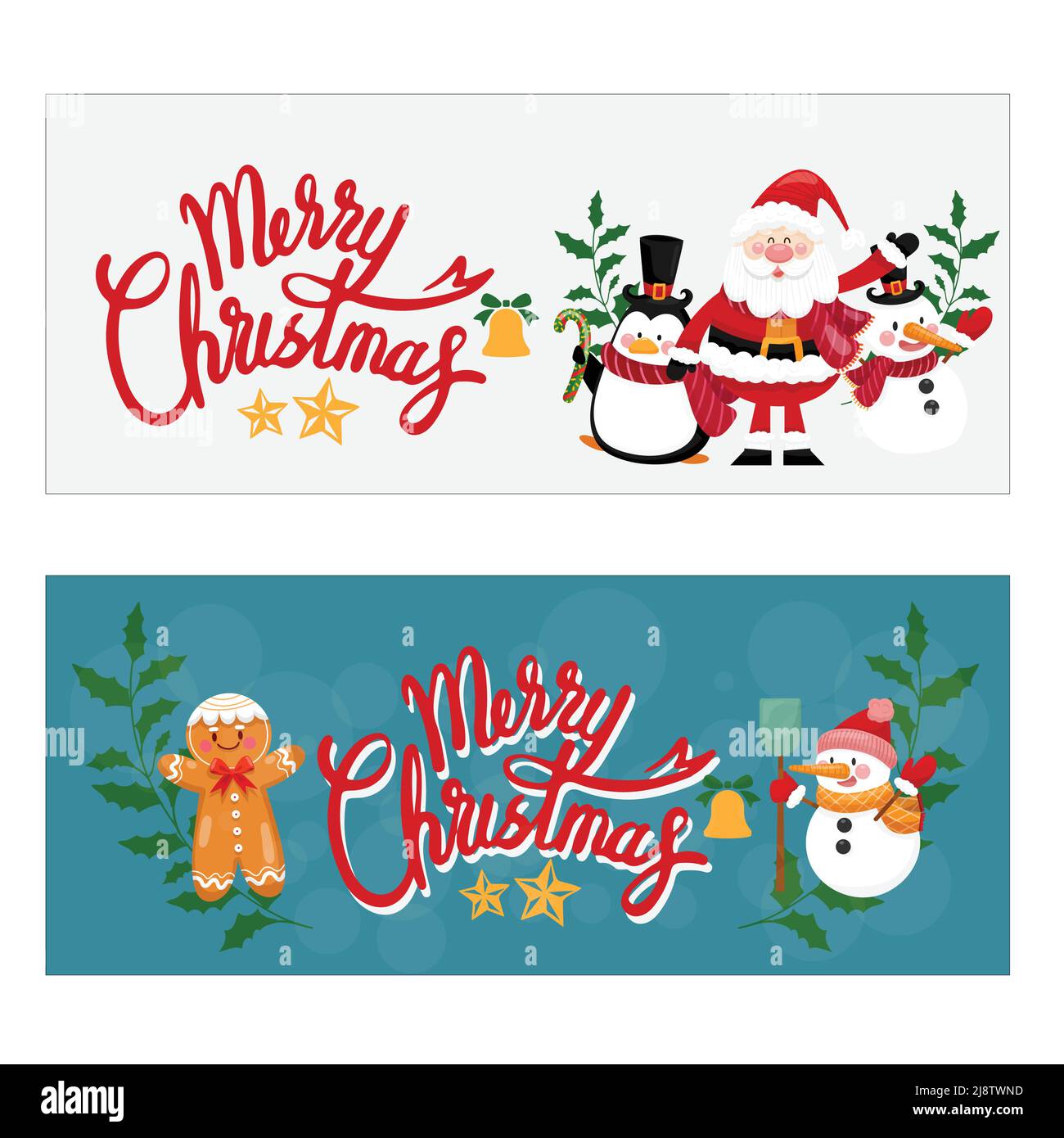 Ensemble de cartes de vœux Vector Merry Christmas et Happy Year avec un joli Père Noël et un lettrage à la main avec bonhomme de neige. Illustration de Vecteur
