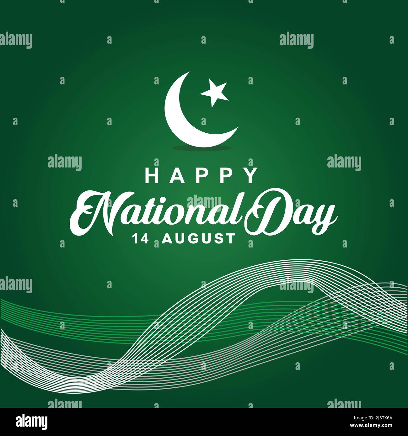 14th août, Happy National Day pour le Pakistan avec dessin au trait en bas, en forme horizontale sur fond vert dégradé Illustration de Vecteur
