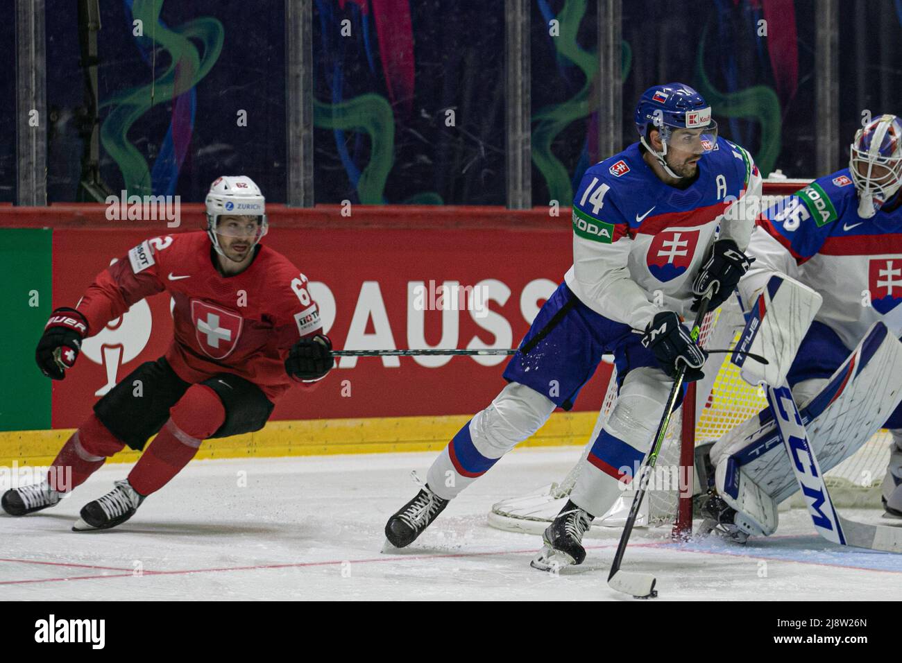 ICE Hall, Helsinki, Finlande, 18 mai 2022, CERESNAK Peter, HUSKA Adam (Slovaquie) MALGIN Denis (Suisse) pendant le Championnat du monde - Suisse contre Slovaquie - Hockey sur glace Banque D'Images