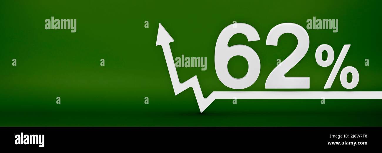 62 pour cent. La flèche sur le graphique pointe vers le haut. Hausse des prix, inflation, augmentation des revenus, hausse des taux d'intérêt, impôts. 3d bannière, soixante-deux Banque D'Images