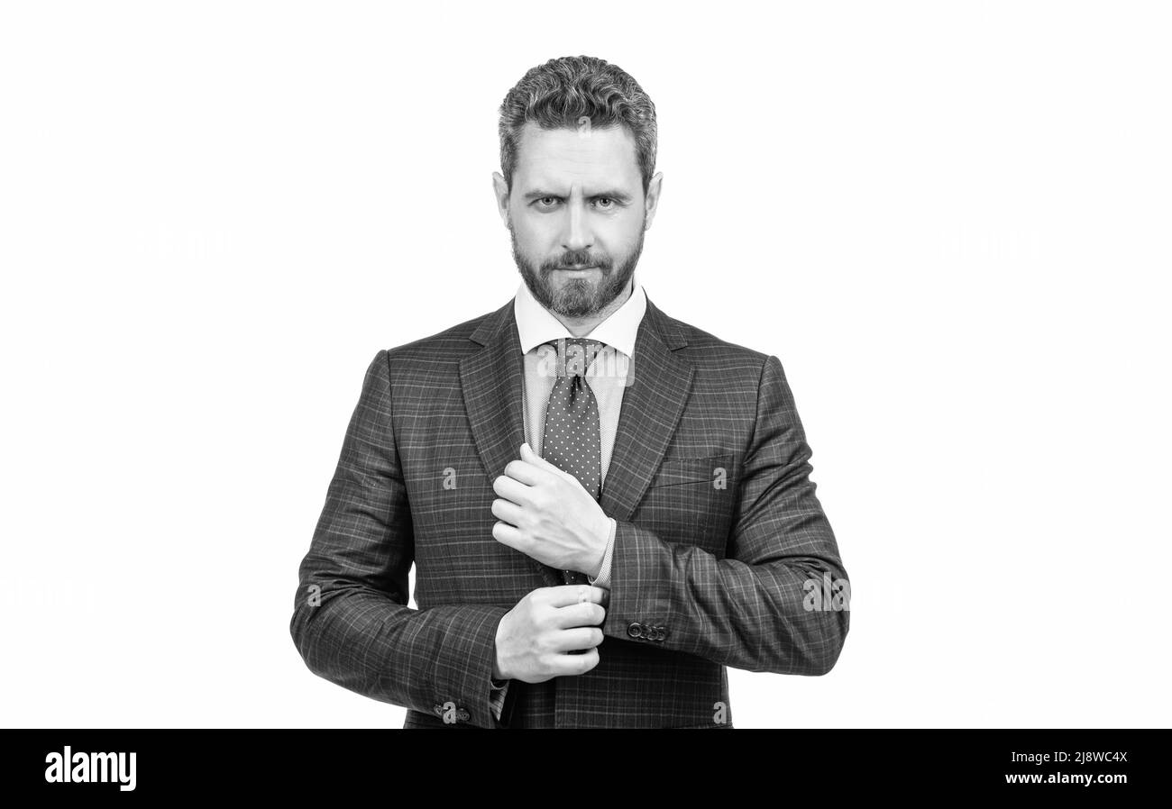 Homme d'âge moyen porte un costume d'affaires classique avec cravate marine isolée sur blanc, homme d'affaires Banque D'Images