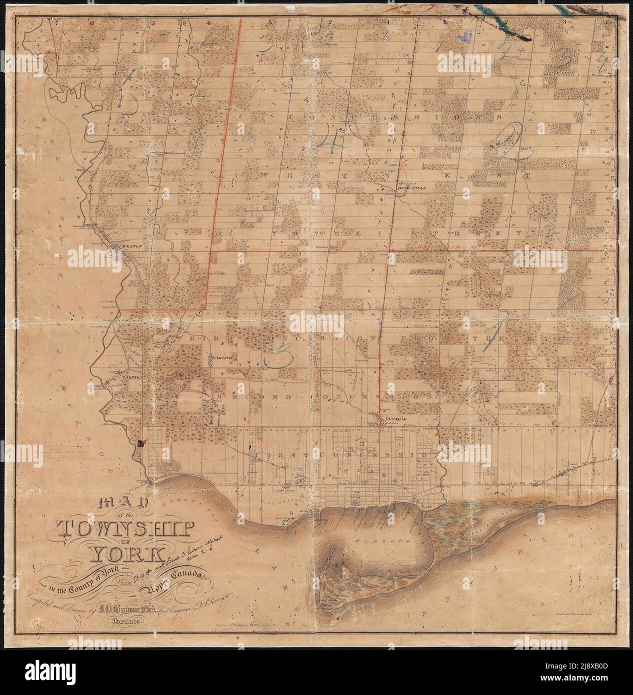 Légende originale: Une carte haute résolution de Toronto de 1851, dessinée par J.D Browne, imprimée et gravée par John Ellis, montrant la propriété Herne ainsi que quelques détails intéressants. Les tavernes sont bien en évidence marquées et notez que l'intersection de Yonge et Bloor est un Potters Field. CA. 1851 Banque D'Images