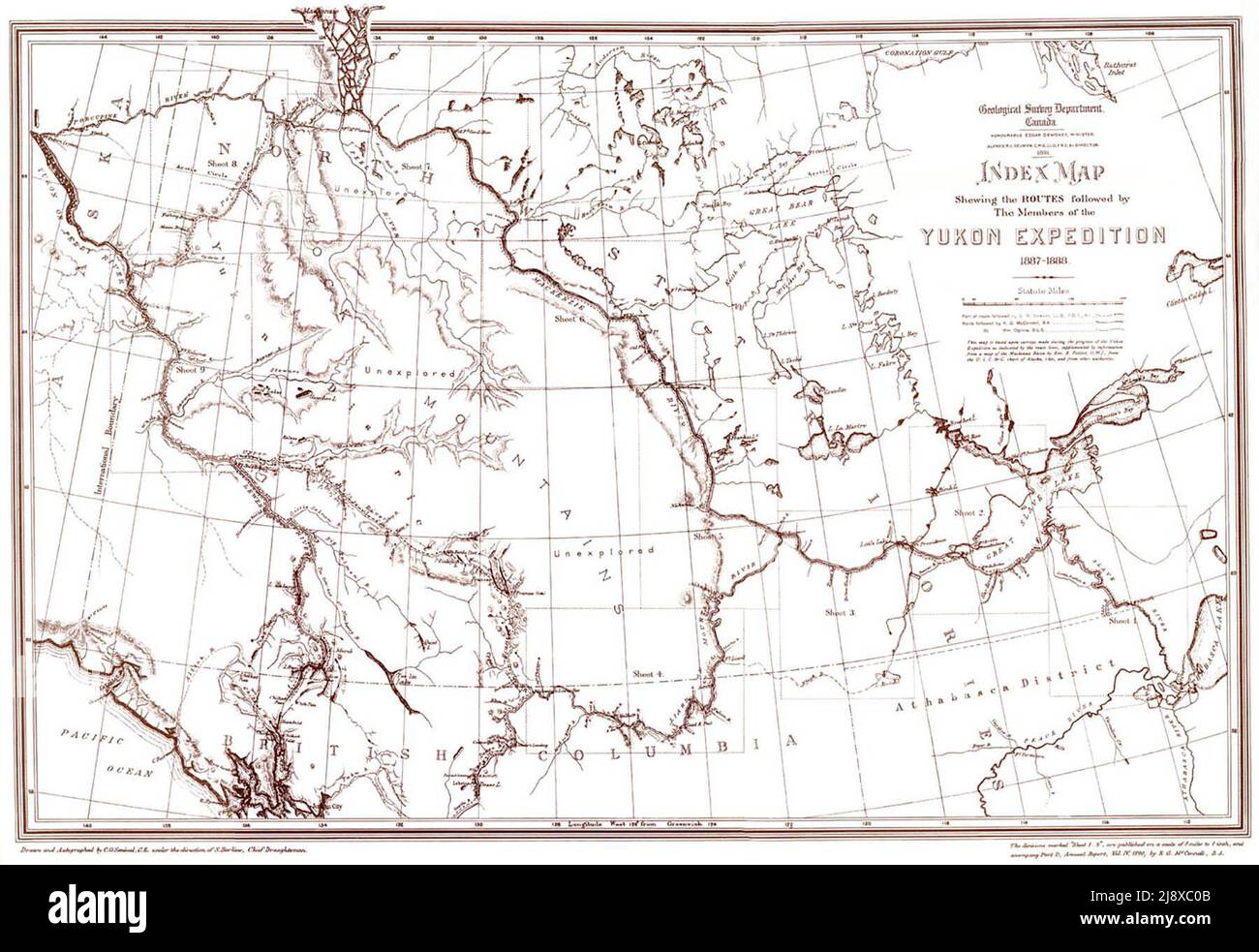 1891 carte représentant le territoire du Yukon et les routes des autres explorateurs en 1887-88 par le Département de la Commission géologique du Canada vers. 1891 Banque D'Images