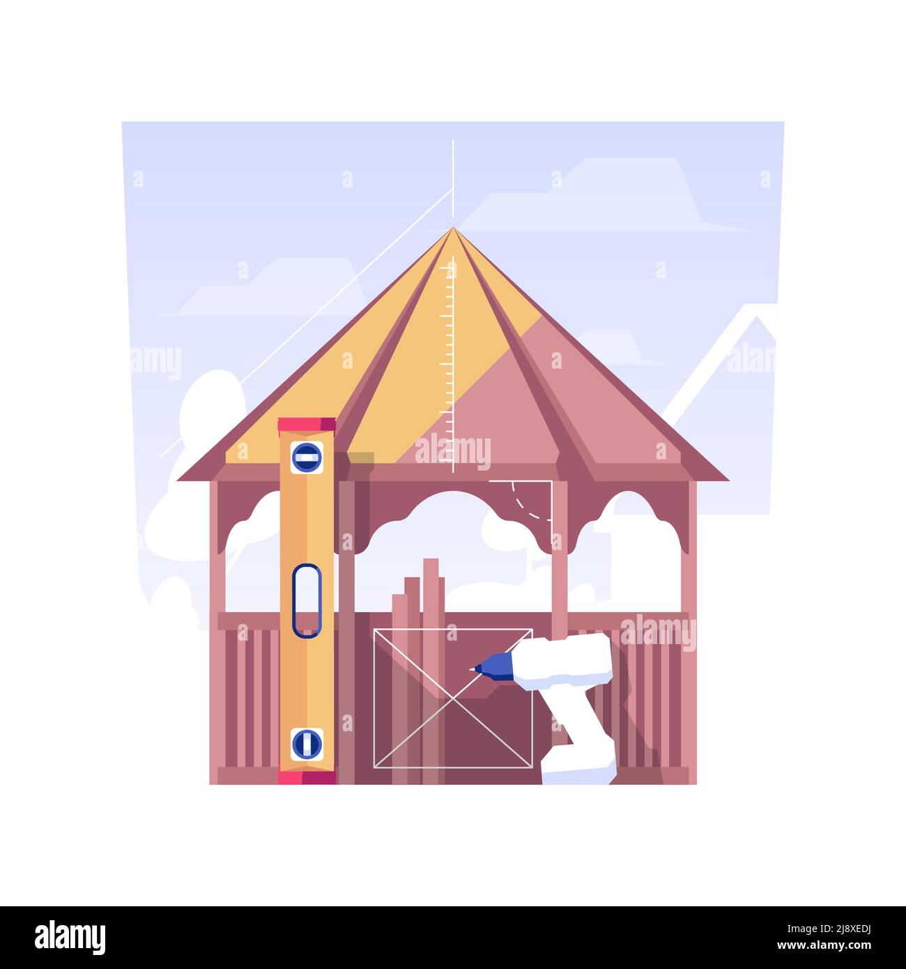 Jardin pavillon bâtiment isolé concept illustration vectorielle. Groupe d'entrepreneurs professionnels construisant belvédère en bois dans le jardin, arrière-cour maison d'été, travaux extérieurs vecteur concept. Illustration de Vecteur