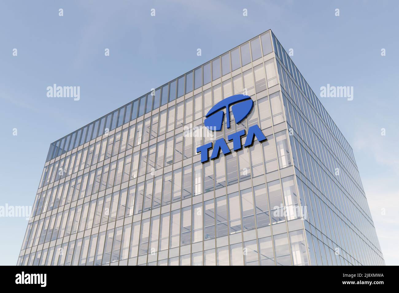 Mumbai, Inde. 2 mai 2022. Usage éditorial seulement, 3D CGI. Logo Tata Company sur le dessus du bâtiment en verre. Véhicules de poste de travail Siège social du constructeur automobile Banque D'Images