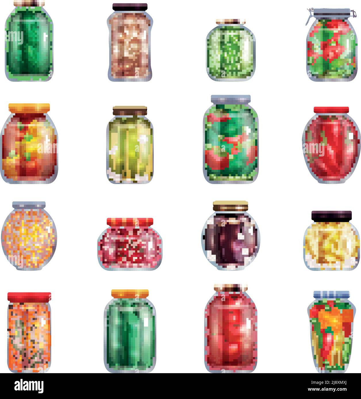 Cornichons ensemble de seize pots de maçon isolés remplis de marinés illustration vectorielle de fruits et légumes sur fond vierge Illustration de Vecteur