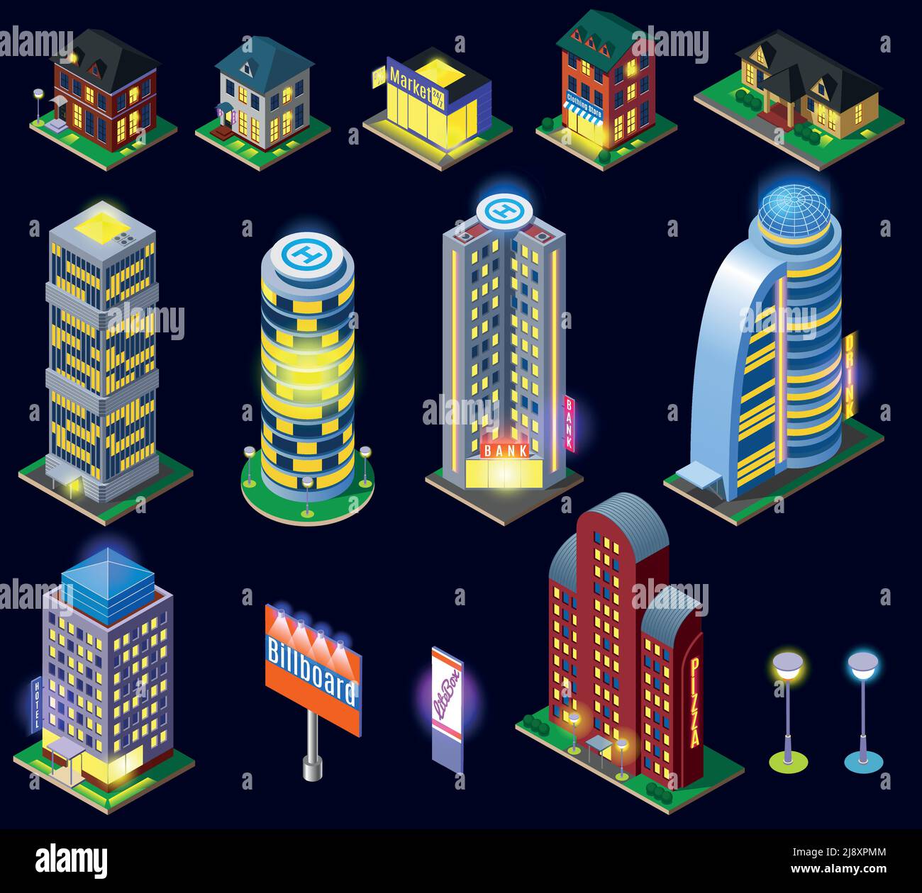 Icônes isométriques de la ville de nuit avec gratte-ciel lumineux et faubourg abrite une illustration vectorielle isolée sur fond sombre Illustration de Vecteur