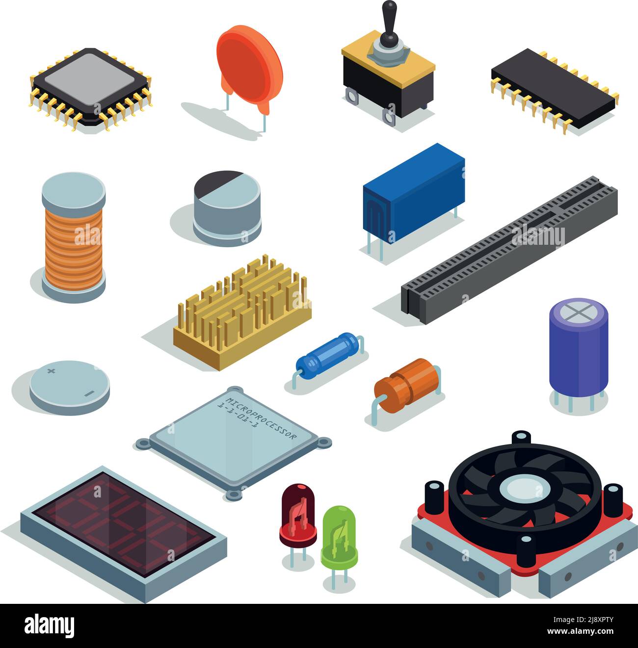Ensemble isométrique de semi-conducteurs de résistance de condensateur à diode de microprocesseur à puce illustration vectorielle des éléments isolés de rainure Illustration de Vecteur