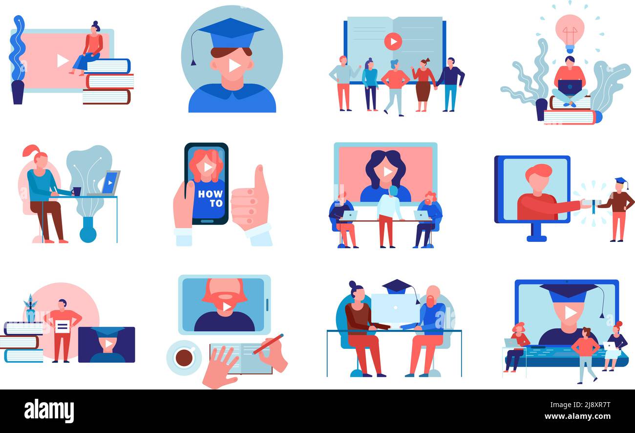 Formation en ligne vidéo didacticiels formation linguistique collège universitaire cours certifiés programme l'illustration vectorielle isolée de la collection d'éléments plats Illustration de Vecteur