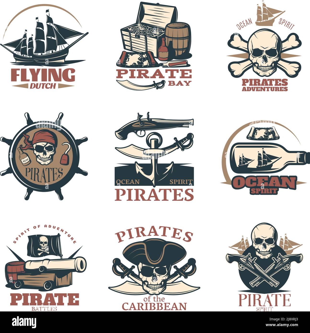 L'emblème des pirates est mis en couleur avec les pirates d'aventures de pirate Les combats de pirates des Caraïbes et de nombreux titres différents illustration de vecteur Illustration de Vecteur