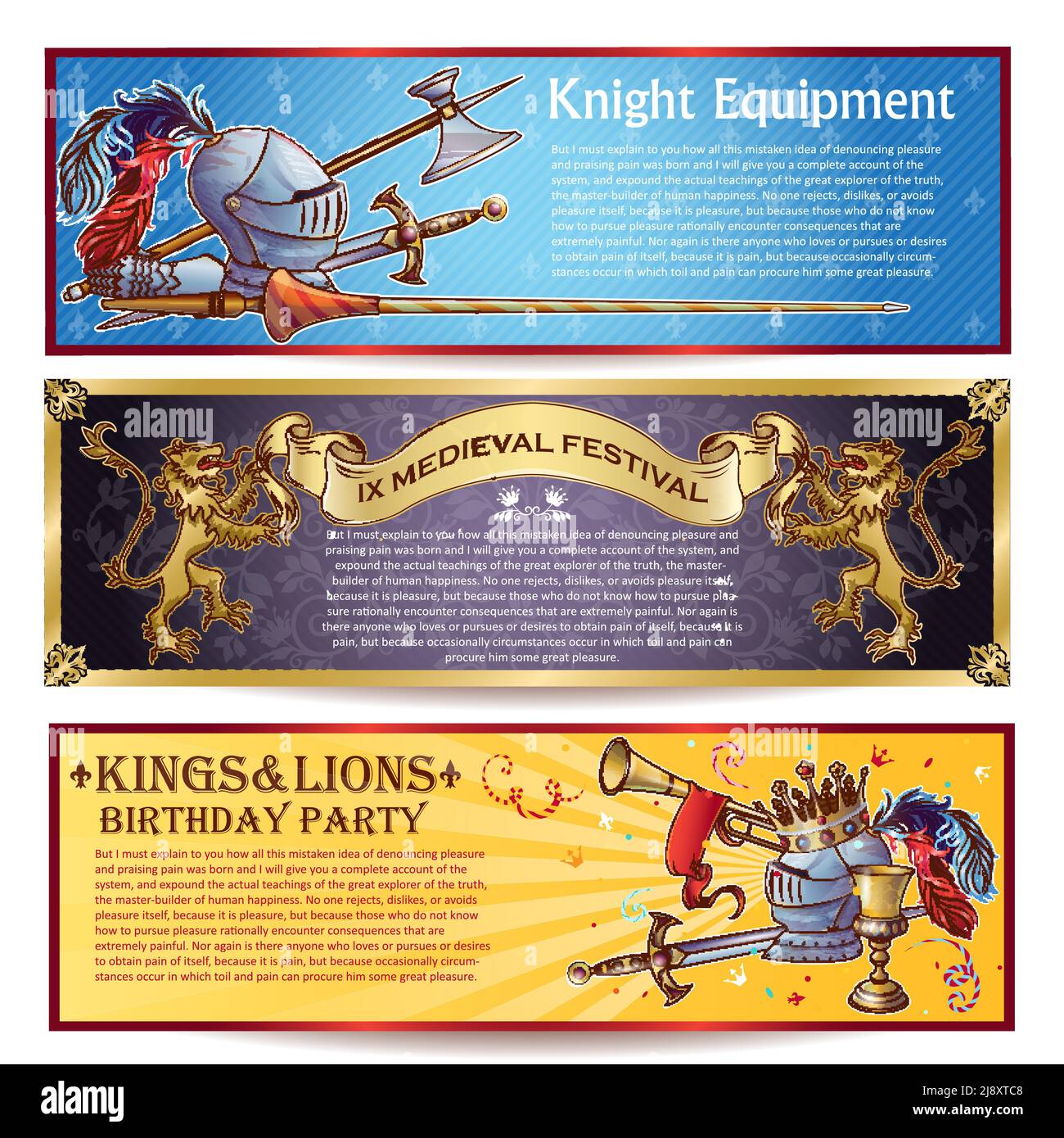 Banderoles horizontales Knight avec équipement militaire festival médiéval thématique illustration vectorielle isolée anniversaire Illustration de Vecteur