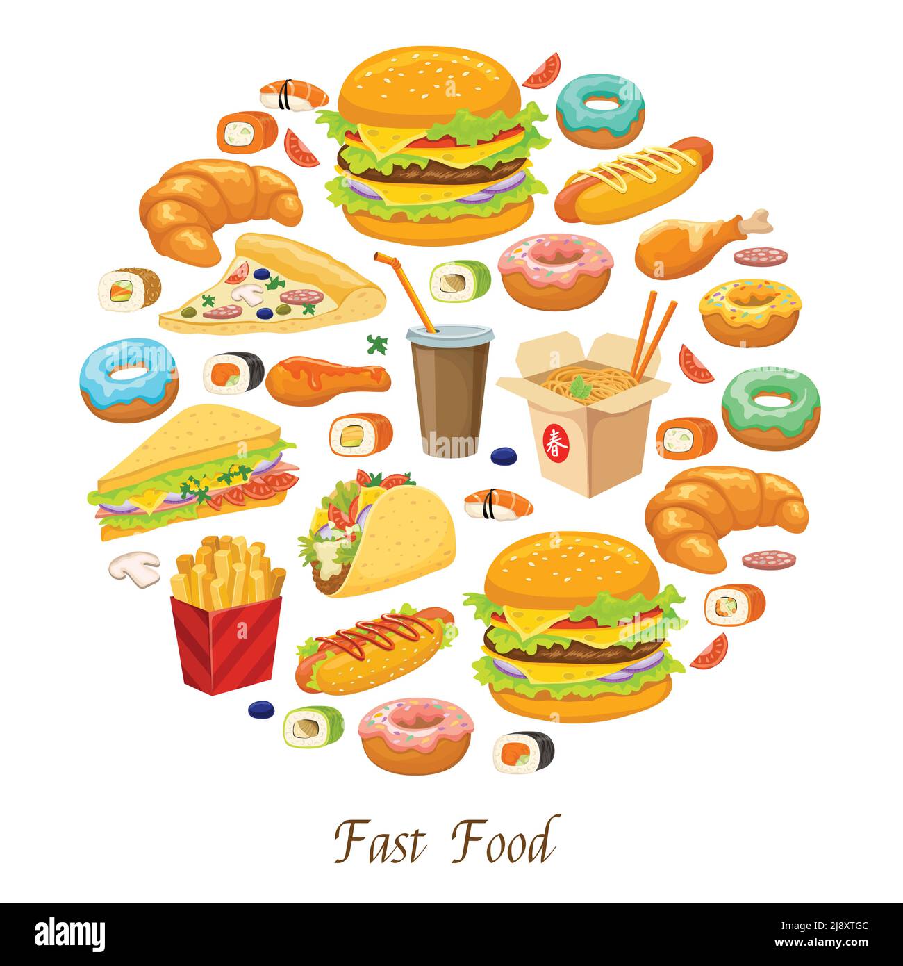 Composition de fast-food ronde avec cuisine américaine mexicaine japonaise et chinoise illustrations vectorielles de boissons et de pâtisseries en-cas Illustration de Vecteur