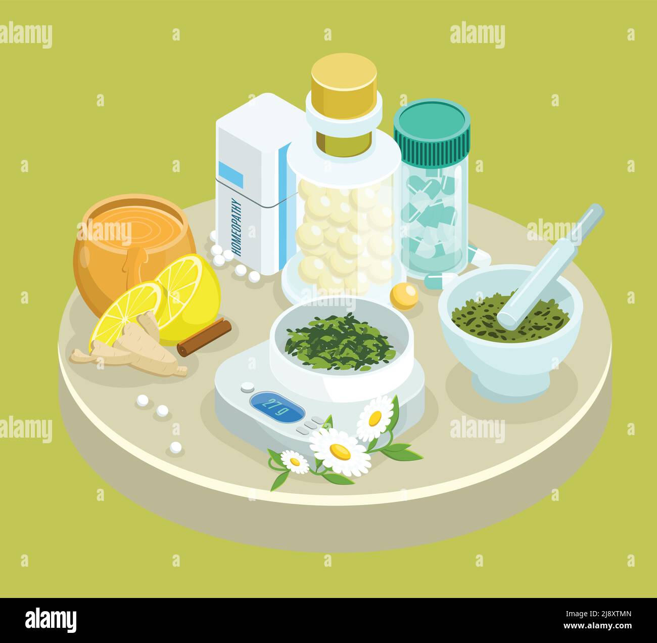 Modèle de médicaments de traitement alternatifs isométriques avec des ingrédients d'herbes naturelles pour la guérison ayurvédique et les emballages pour la médecine homéopathie isolat Illustration de Vecteur