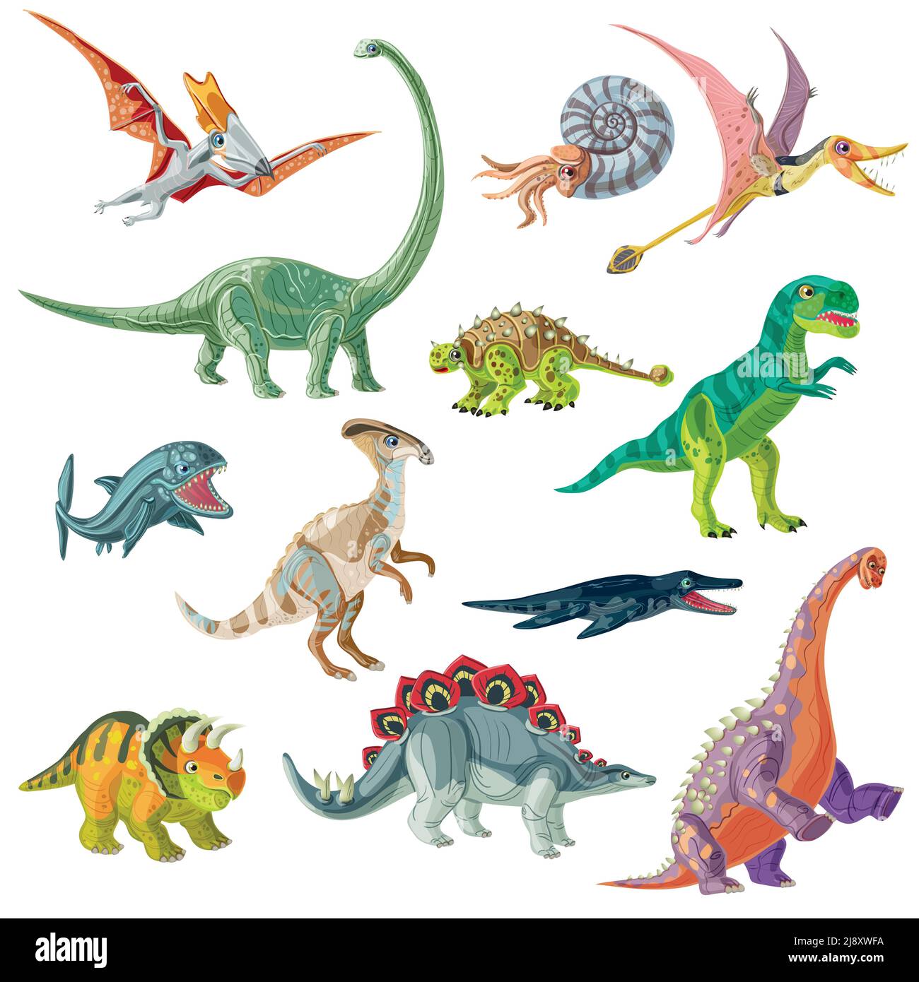 Animaux jurassiques de la période avec ptérodactyl tyrannosaurus et brachiosaurus antique illustration vectorielle isolée de conques et de poissons géants Illustration de Vecteur