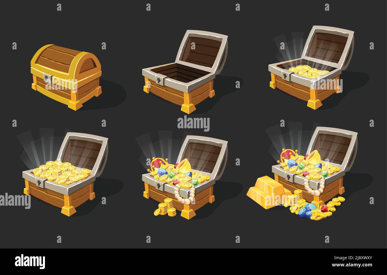 Jeu d'animation de coffres de Trésor isométriques avec fermé vide plein de or coins bars bijoux boîtes illustrations vectorielles isolées Illustration de Vecteur