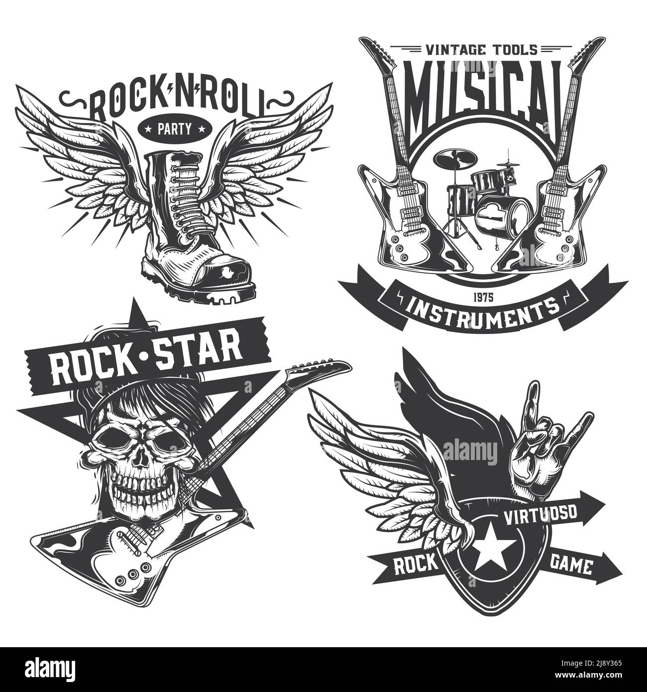 Jeu d'éléments de roche (crâne, botte, batterie, ailes, guitare, picks) emblèmes, étiquettes, badges, logos. Isolé sur blanc Illustration de Vecteur