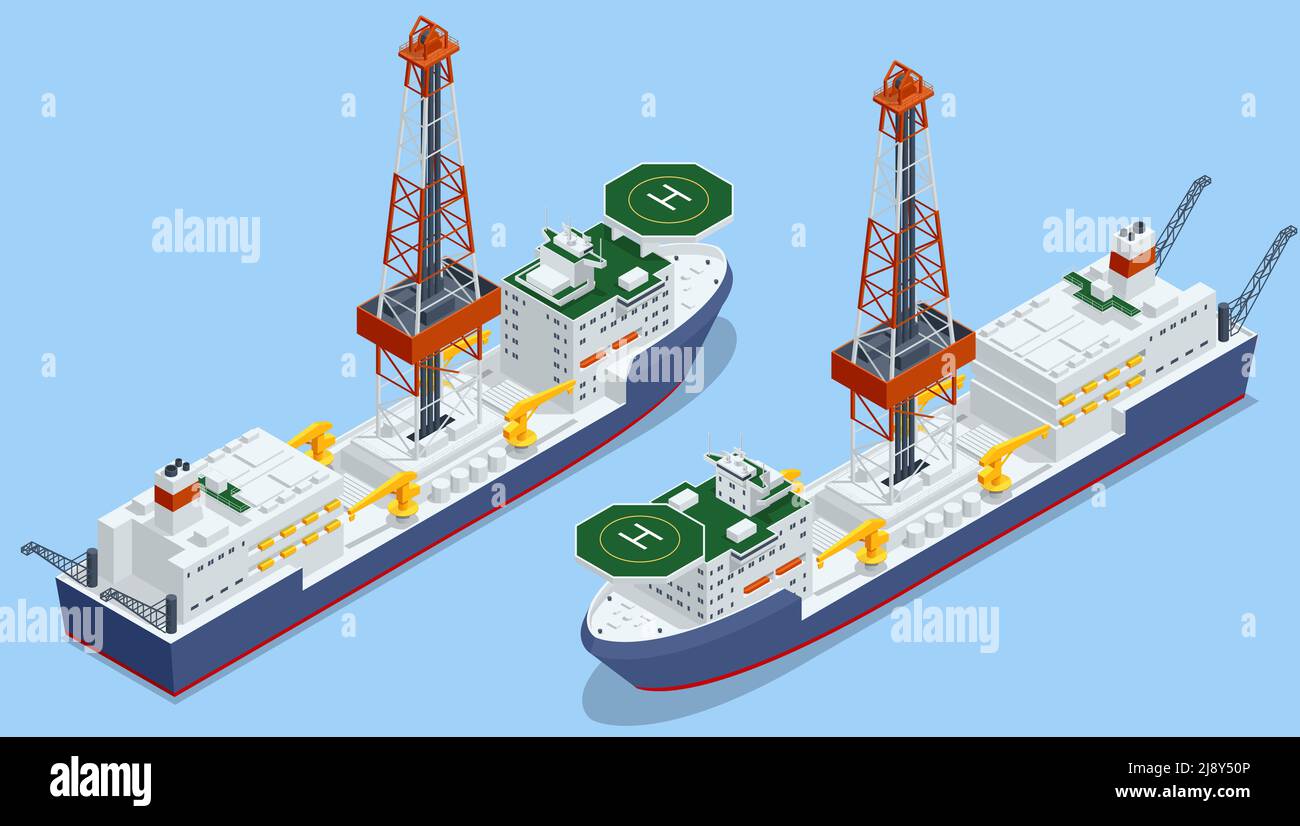 Forage isométrique en eaux profondes pour la production de pétrole et de gaz, l'industrie du pétrole et du gaz. Plate-forme de forage flottant sur l'océan Illustration de Vecteur