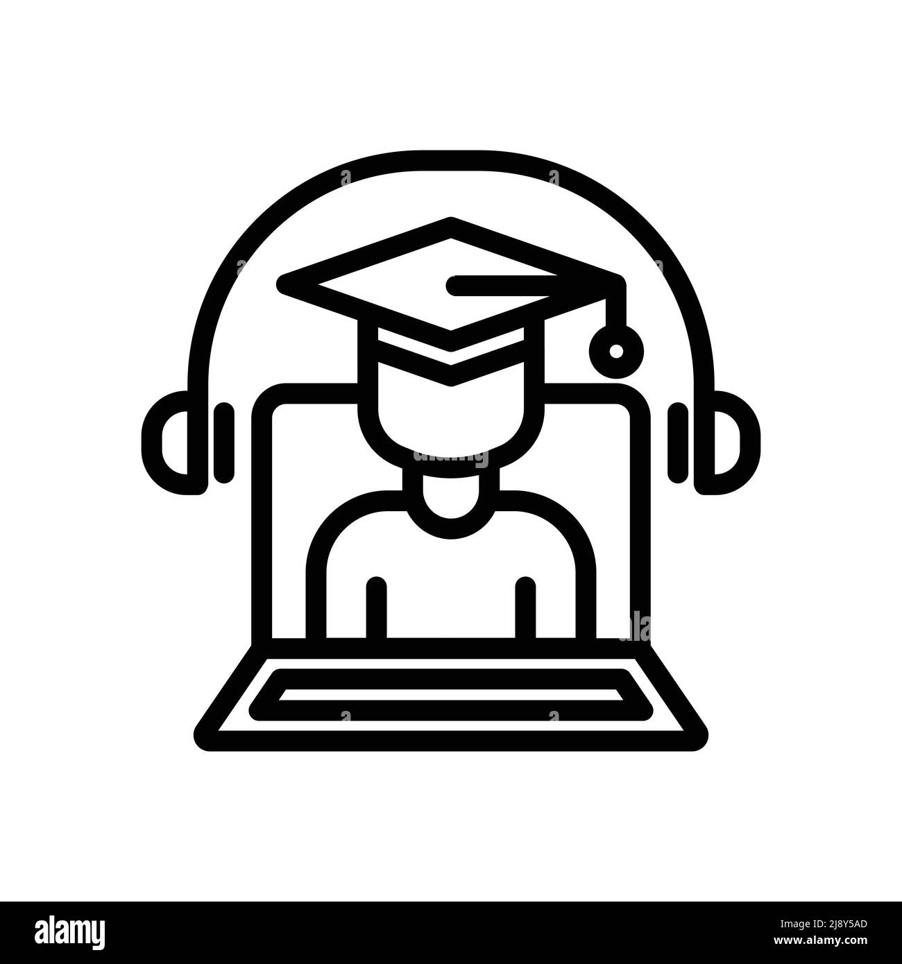 Vecteur d'icône d'éducation en ligne. Enseignement virtuel, étudiants, ordinateurs portables, micro-casques/oreillettes. Style d'icône de ligne. Illustration de conception simple modifiable Illustration de Vecteur