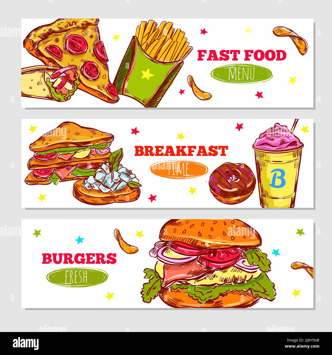 Les fast food esquissés des banderoles horizontales avec un gâteau à pizza frites illustration de vecteur beignet et hamburger Illustration de Vecteur