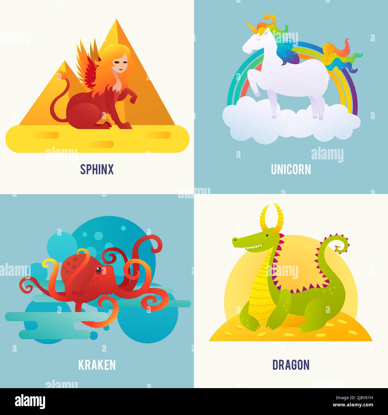 Fantaisie créatures concept avec sphinx assis près des pyramides unicorn marche sur le nuage kraken dans l'eau dragon couché sur le vecteur d'or illustration Illustration de Vecteur