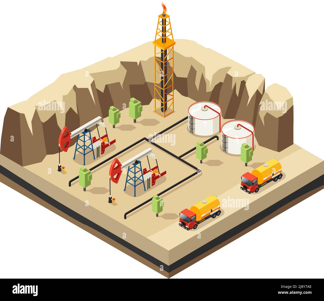 Modèle isométrique de l'industrie pétrolière avec derrick de stockage des ressources des engins de forage camions pour le transport dans le désert illustration de vecteur isolé Illustration de Vecteur