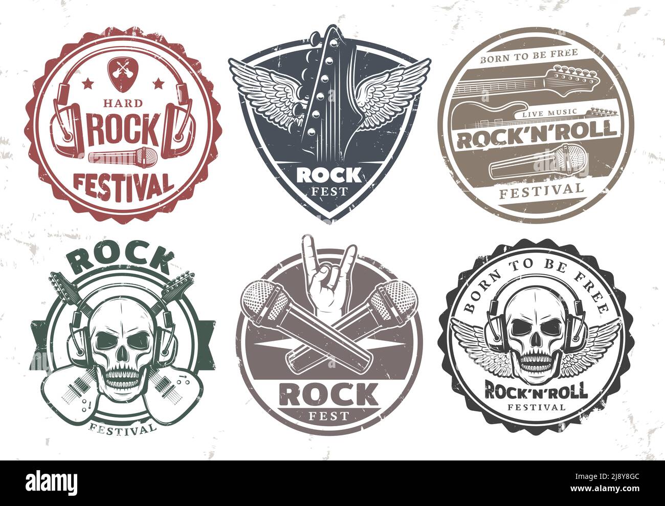 Jeu de timbres de musique rock rétro avec inscriptions casque microphones électriques guitares crâne ailes médiateur illustration vectorielle isolée Illustration de Vecteur
