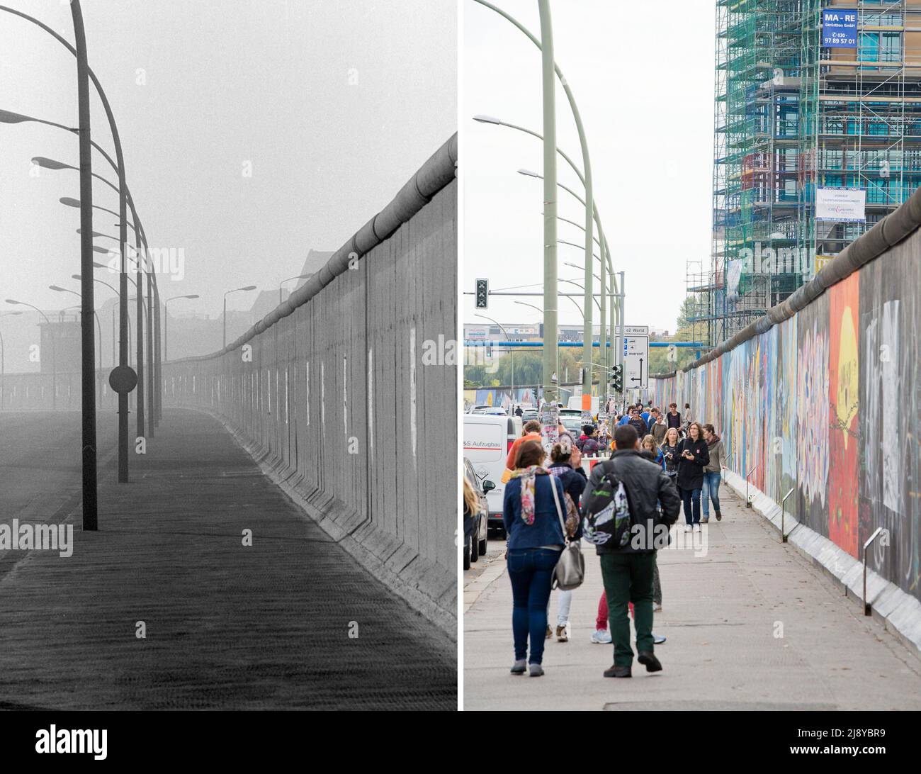 Die Bildkombo zeigt einen Abschnitt der Berliner Mauer in der Mühlenstraße in Berlin-Friedrichshain, aufgenommen am 25.01.1990 und den gleichen Abschnitt der Mauer am 10.10.2014, heute als East Side Gallery bekannt. DAS Mauerstück zwischen dem Berliner Ostbahnhof und der Oberbaumbrücke wurde von 118 Künstlern mit Wandbildern verschönert. Foto: Eberhard Klöppel/Lukas Schulze (zu dpa «Themenpaket zum Jahrestag des Mauerfels» vom 30.10.2014) +++ dpa-Bildfunk ++ Banque D'Images