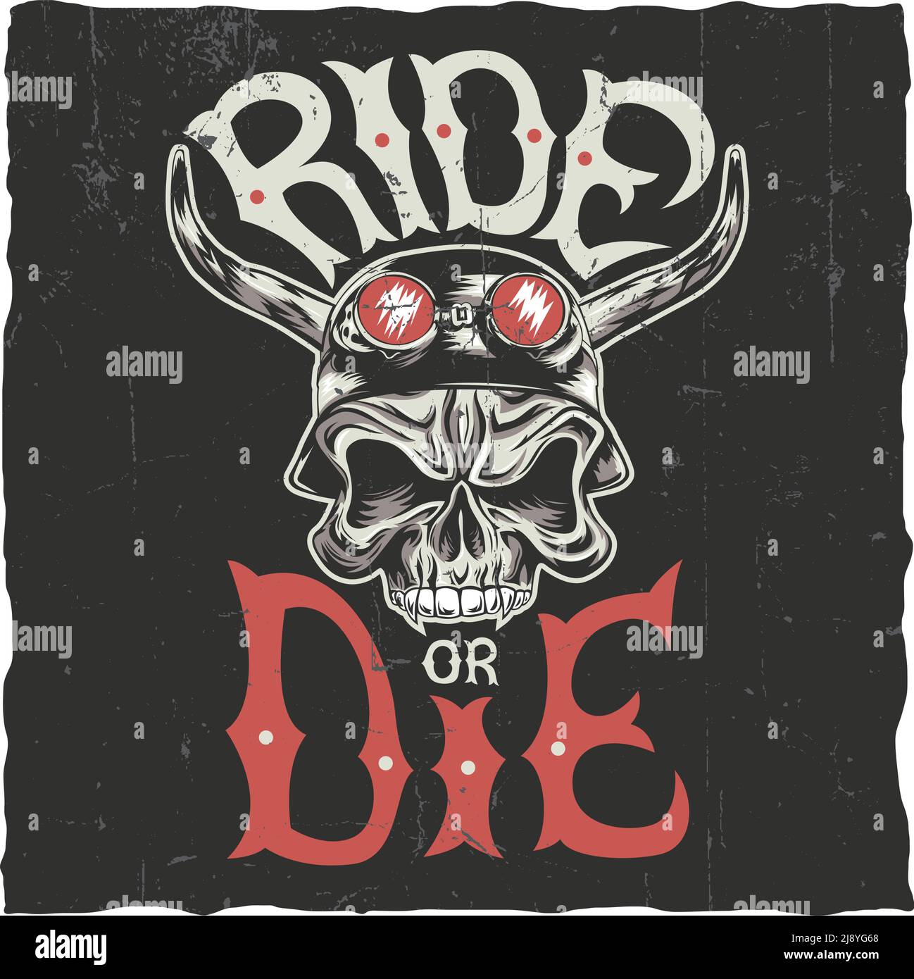 Motif étiquette Ride ou Die avec crâne en colère dessiné à la main dans l'illustration du vecteur casque de moto Illustration de Vecteur