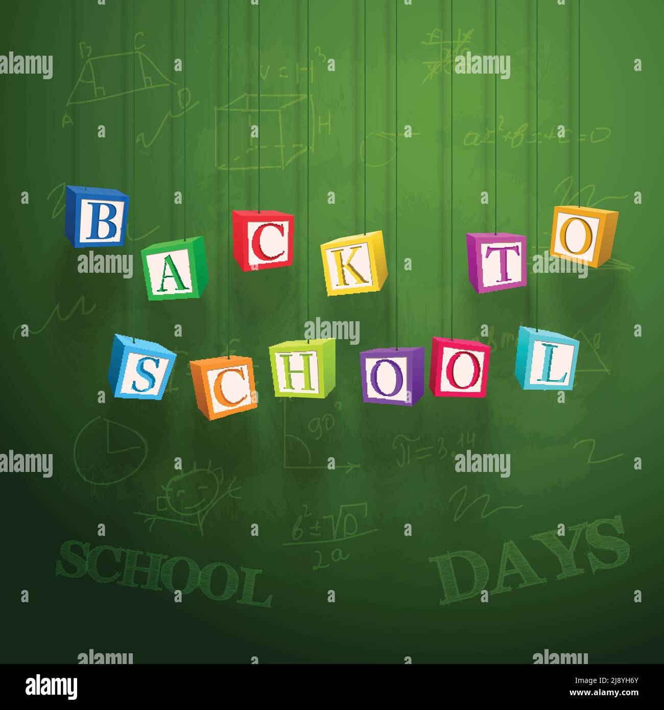 Affiche d'apprentissage de l'école avec cubes colorés suspendus avec des lettres et esquissez des éléments sur l'illustration vectorielle verte du tableau noir Illustration de Vecteur