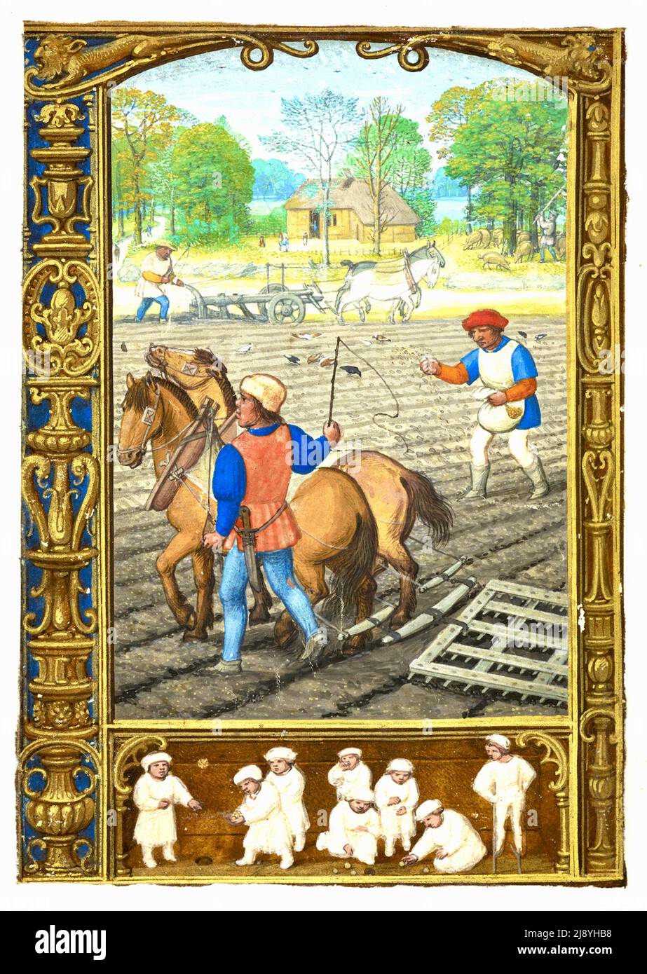 Atelier de Simon Benin - septembre - labour, semis et aviron et jeu avec des Marbles et des stilts - entre 1520 et 1530 Banque D'Images