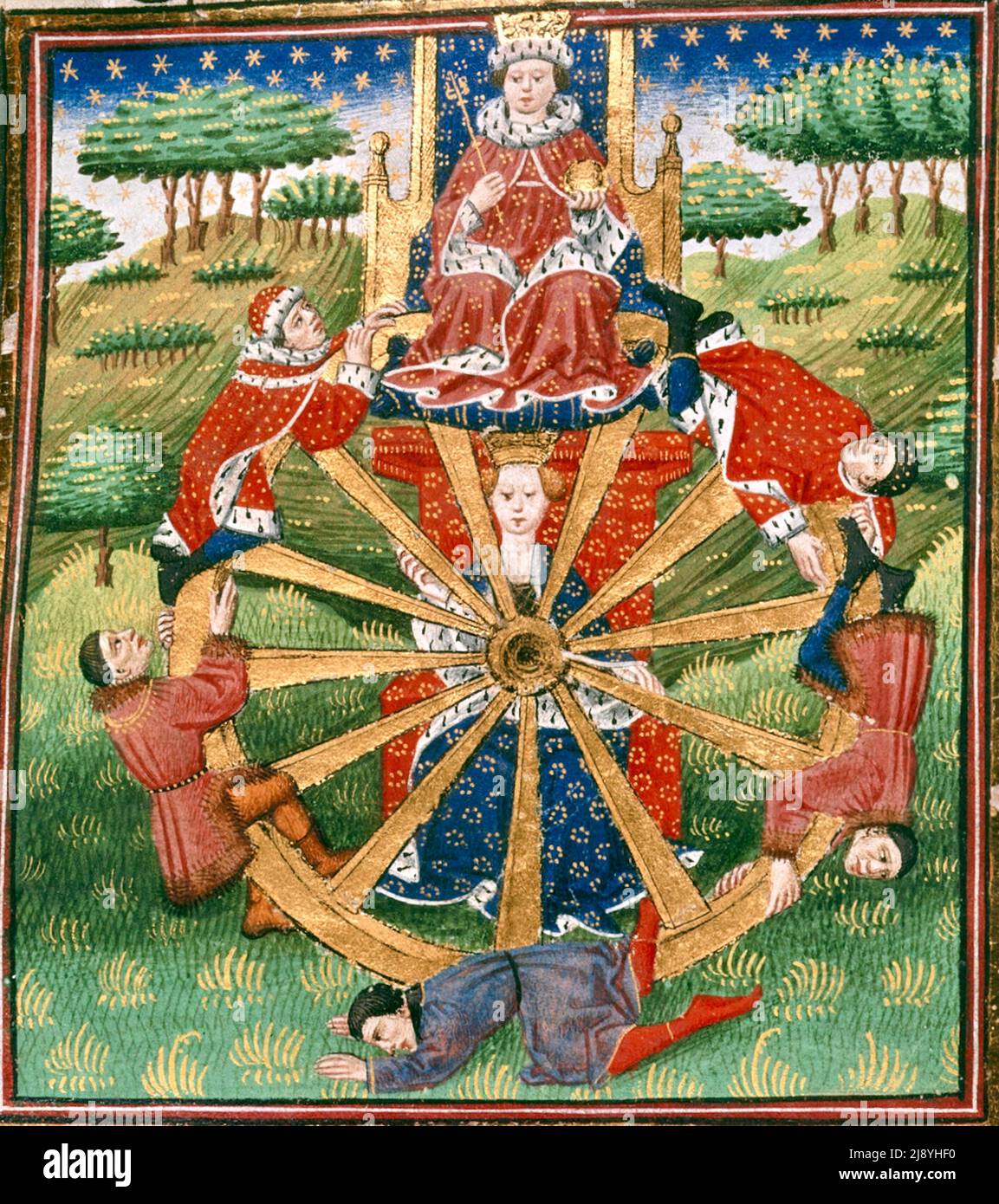 Roue de Fortune. Fortune elle-même est assise derrière la roue sur ...