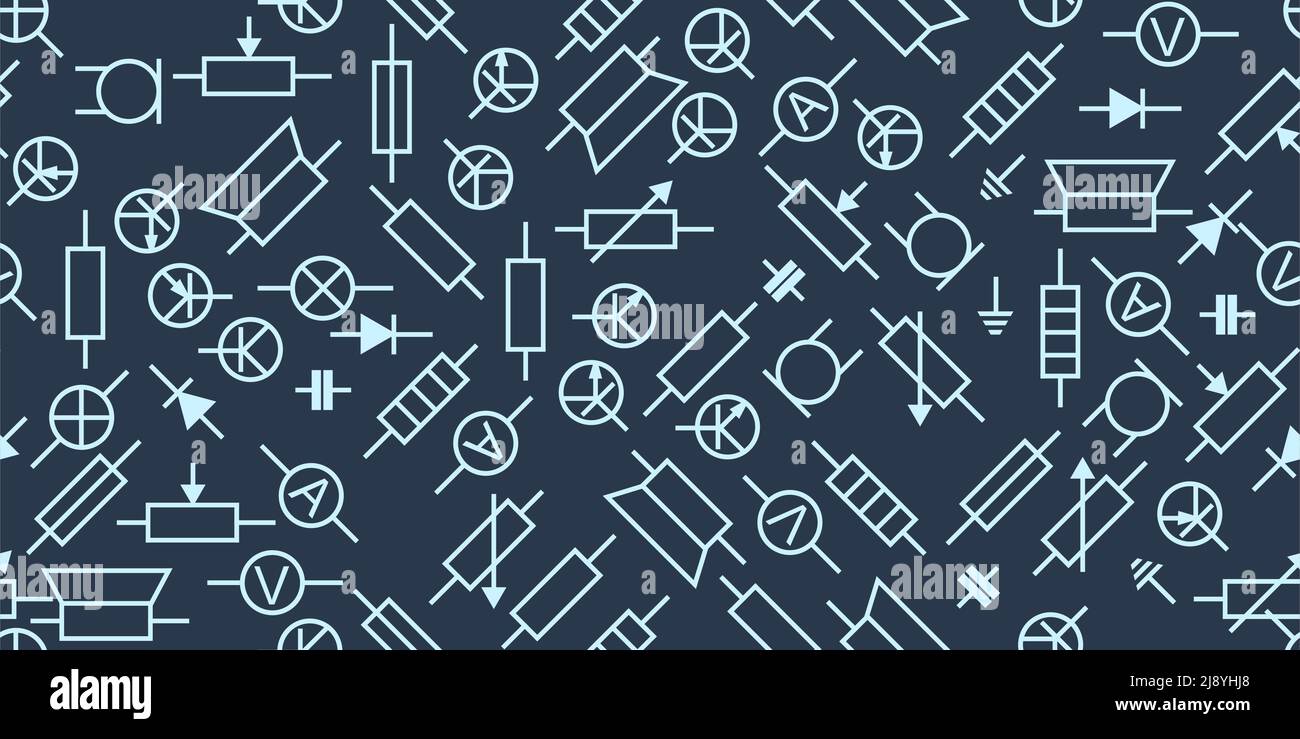 Composant radio. Circuit électronique de la radio. Désignation symbolique. Motif sans couture. Résistance, transistor, diode et condensateur Vector. Illustration de Vecteur