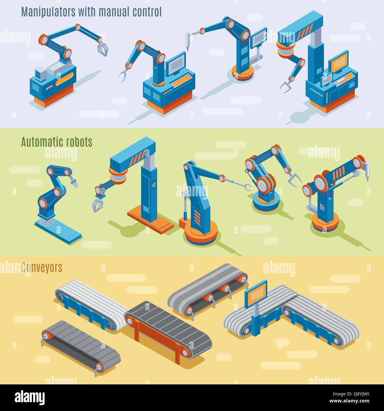 Bannières horizontales isométriques industrielles automatisées avec bras robotisés de manipulateurs et illustration vectorielle des pièces de ligne d'assemblage Illustration de Vecteur