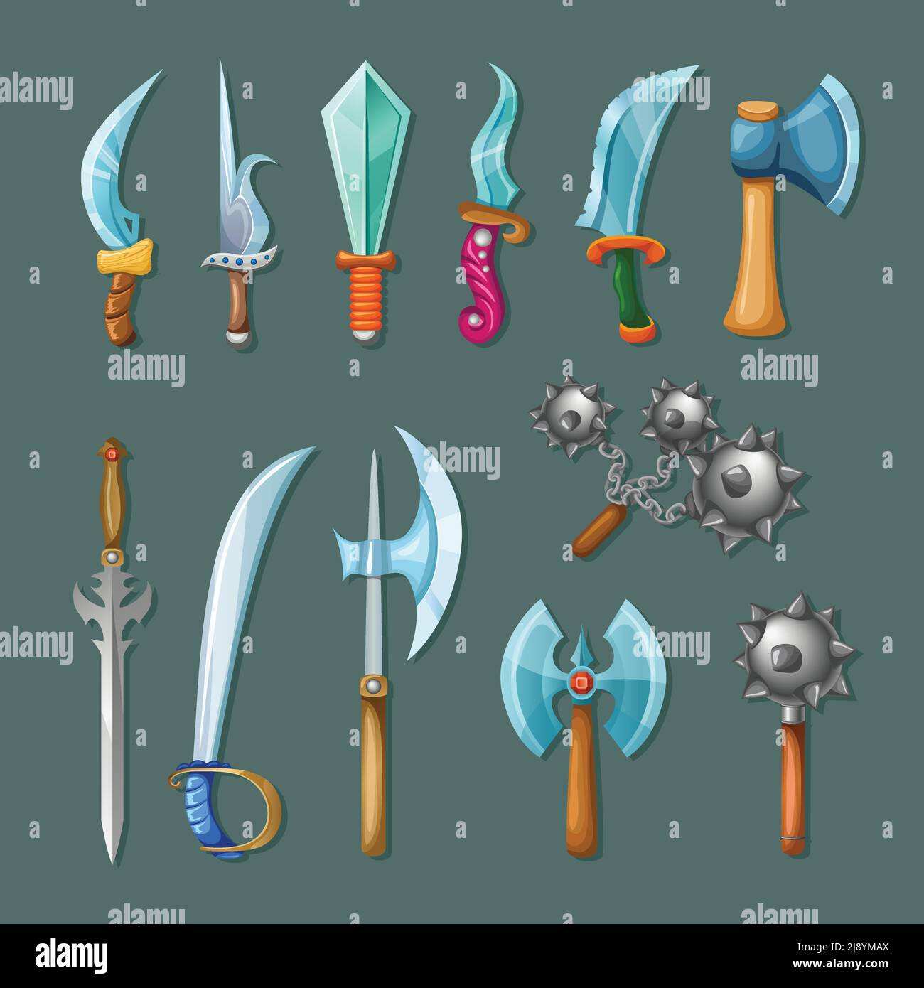 Définir icône caricature armes isolées et colorées pour les jeux de rpg et illustration vectorielle Illustration de Vecteur