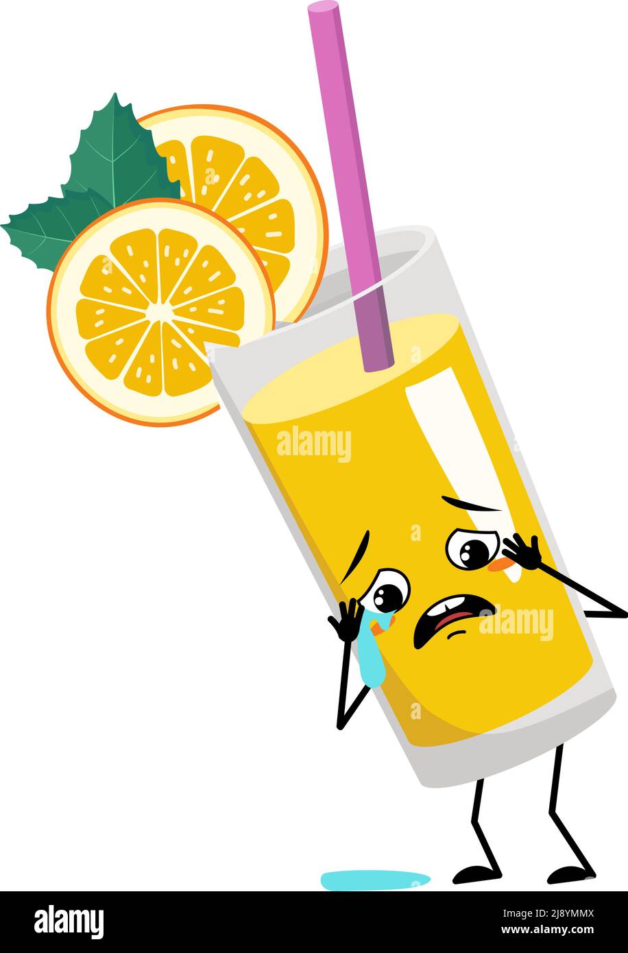 Smoothie orange avec caractère de fruit et de paille avec des pleurs et des larmes émotions, visage triste, yeux dépressifs, bras et jambes. Boisson saine dans le verre mélancolie expression et pose. Illustration vectorielle plate Illustration de Vecteur